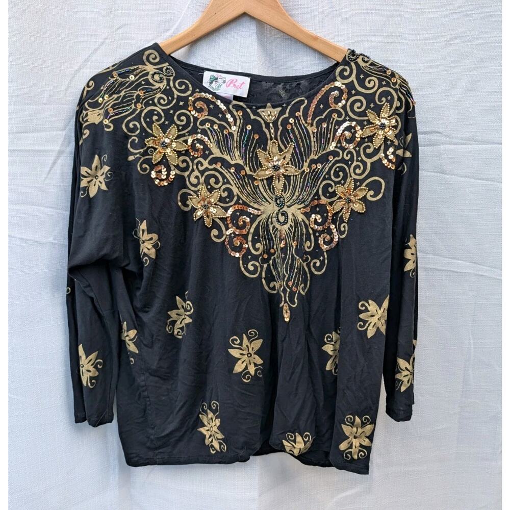 Pret Womens Vintage‎ Beaded Floral Blouse Sz M/L Glam Party Boho Gold Black 90s
